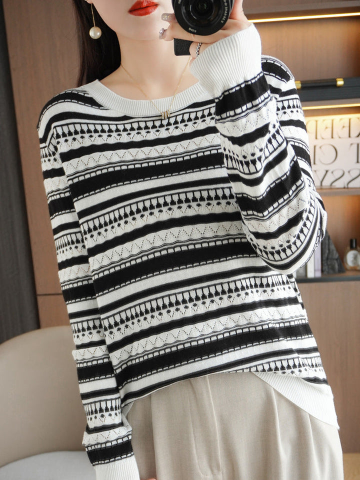 Damen Pullover mit Streifen und Rundhalsausschnitt