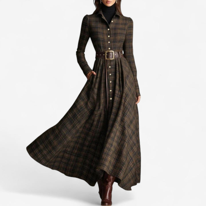 Sarah Maxi d'Inspiration Vintage Kleid für Damen mit V-Ausschnitt und langen Ärmeln