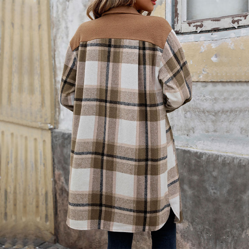 Damen Langarm-Hemdjacke mit Karomuster, Taschen und Knöpfen