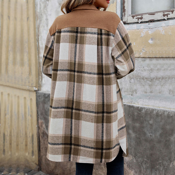 Damen Langarm-Hemdjacke mit Karomuster, Taschen und Knöpfen
