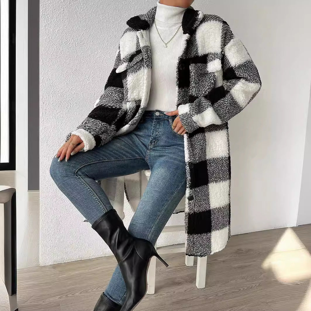 Damen Karo-Langmantel mit Taschen
