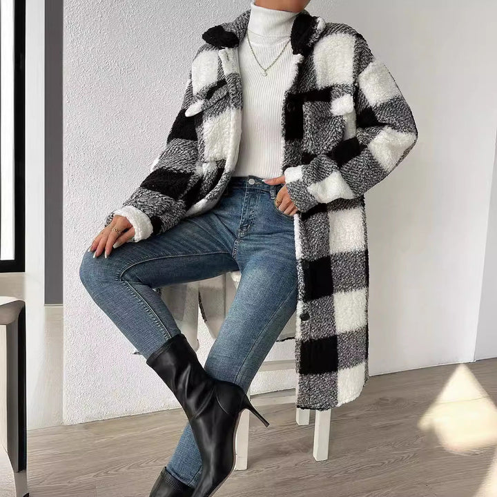 Damen Karo-Langmantel mit Taschen