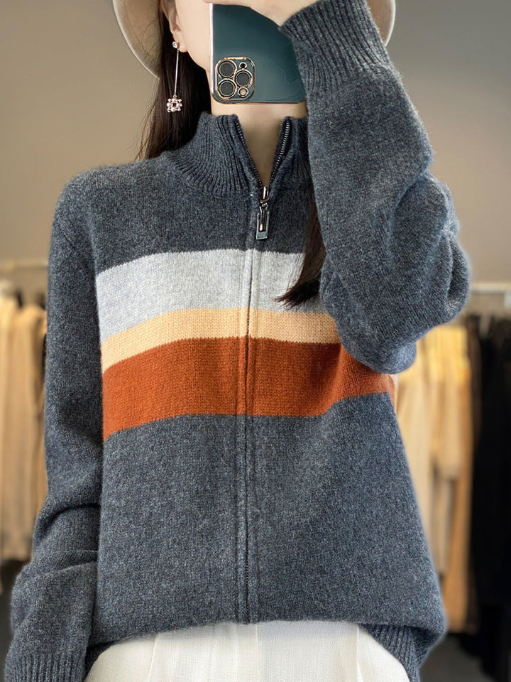 Damen Strickjacke mit Reissverschluss und Streifen