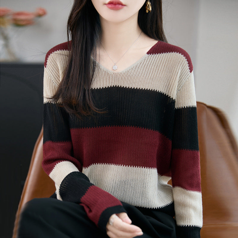 Damen Pullover mit Streifen und V-Ausschnitt