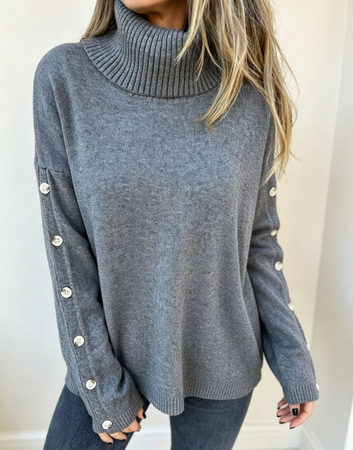 Lena | Damen Langarm-Rollkragenpullover Oversized mit Knöpfen