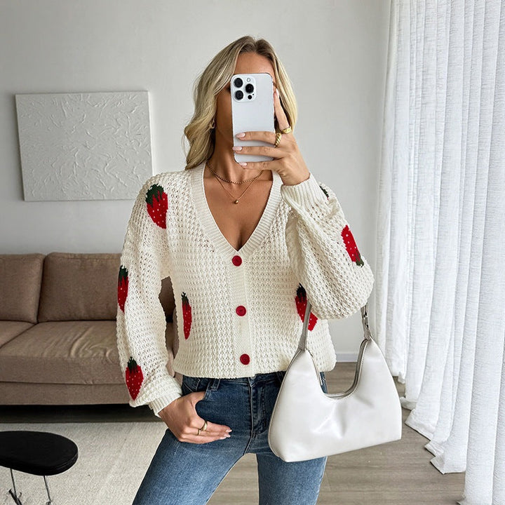 Damen Cropped Cardigan mit Knöpfen und V-Ausschnitt