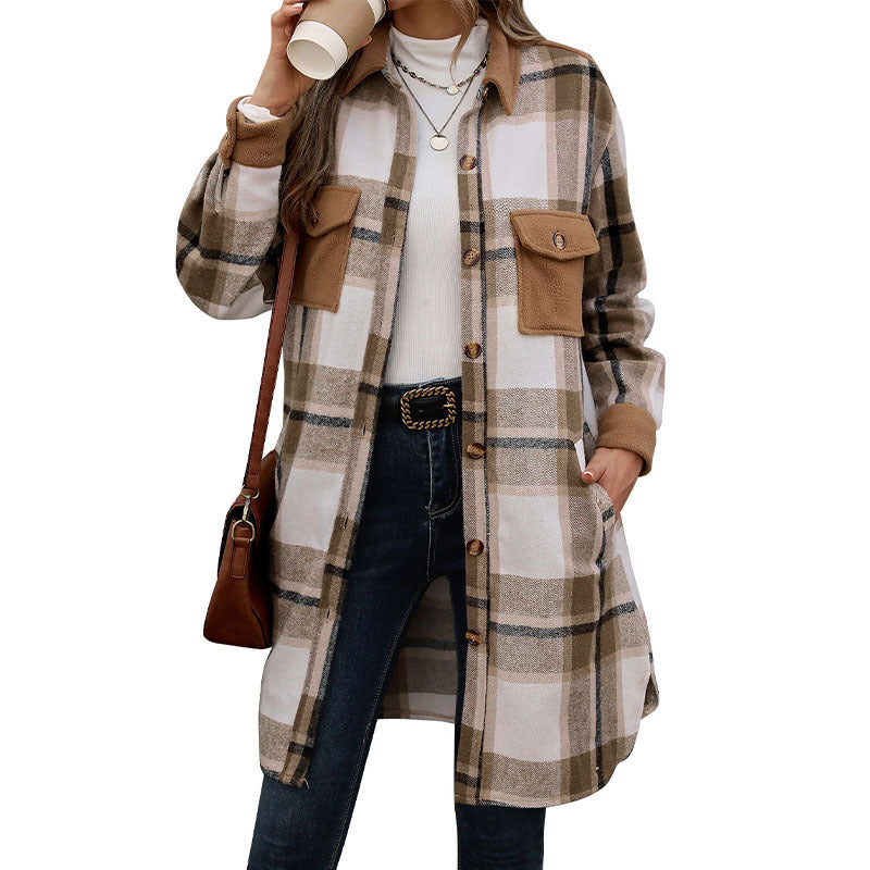 Damen Langarm-Hemdjacke mit Karomuster, Taschen und Knöpfen