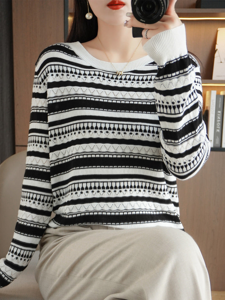 Damen Pullover mit Streifen und Rundhalsausschnitt