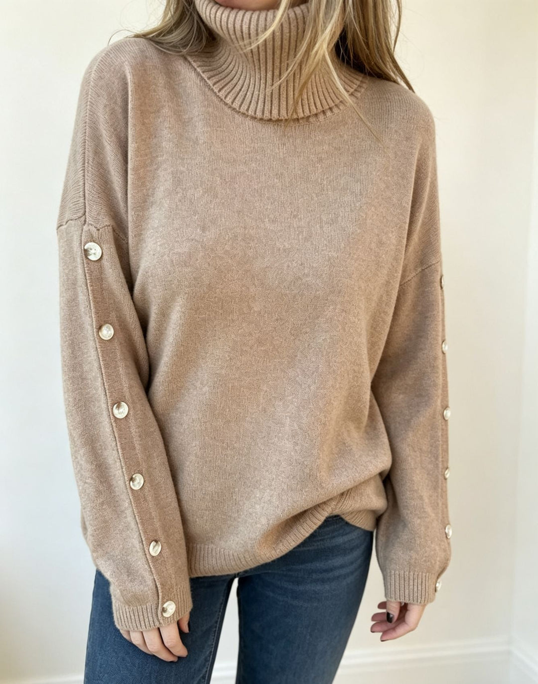 Lena | Damen Langarm-Rollkragenpullover Oversized mit Knöpfen