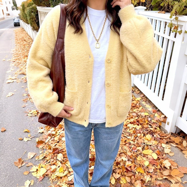 Damen Cardigan mit Taschen, Knöpfen und V-Ausschnitt