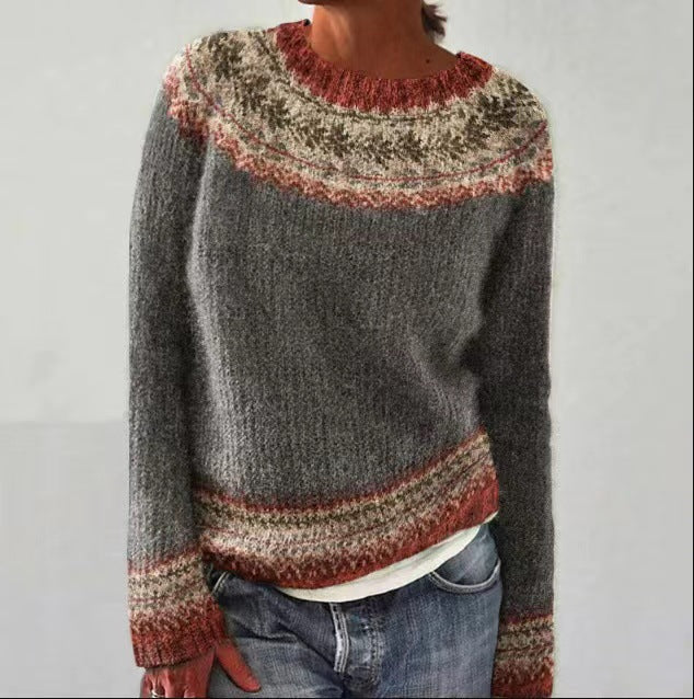 Retro Damen Strickpullover mit Rundhalsausschnitt und langen Ärmeln