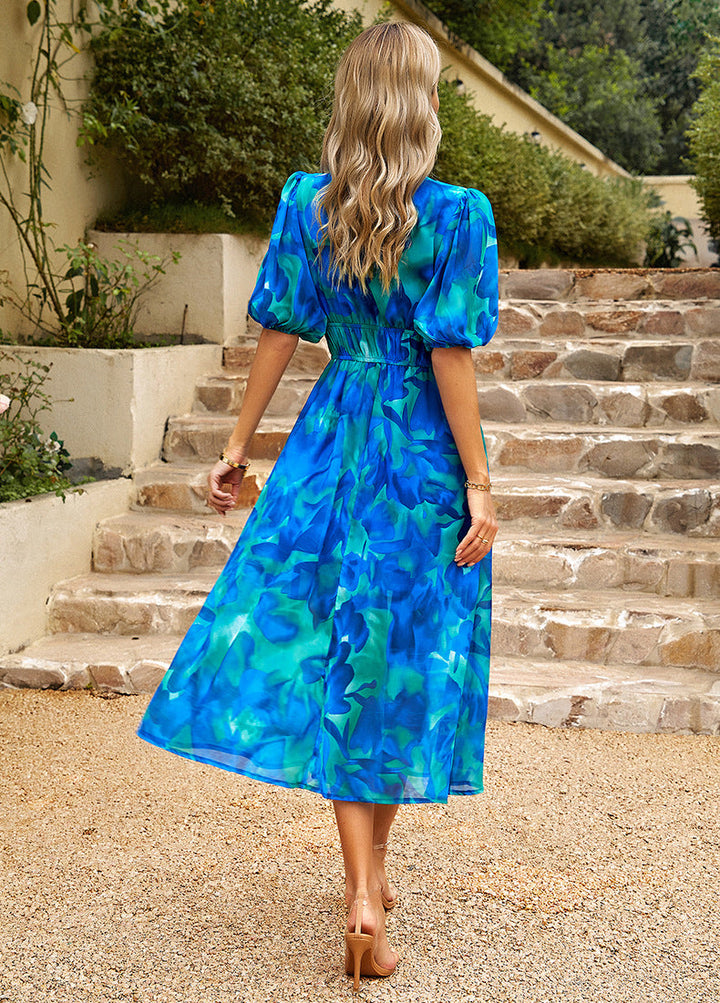 Flore | Elegantes Midikleid für Damen mit Blumenmuster und V-Ausschnitt