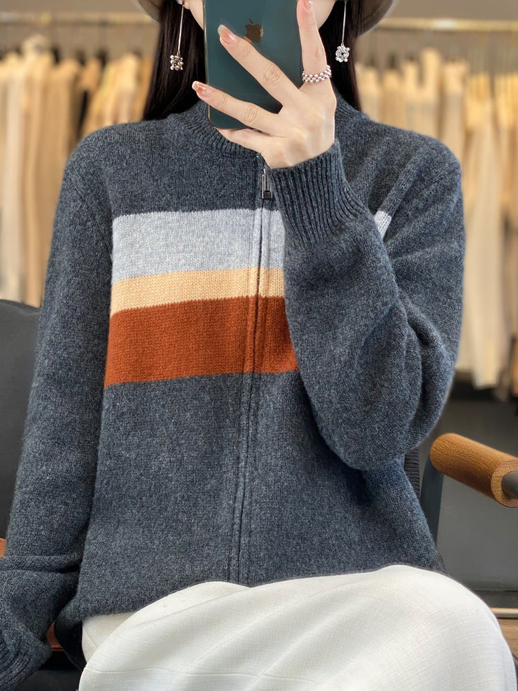 Damen Strickjacke mit Reissverschluss und Streifen