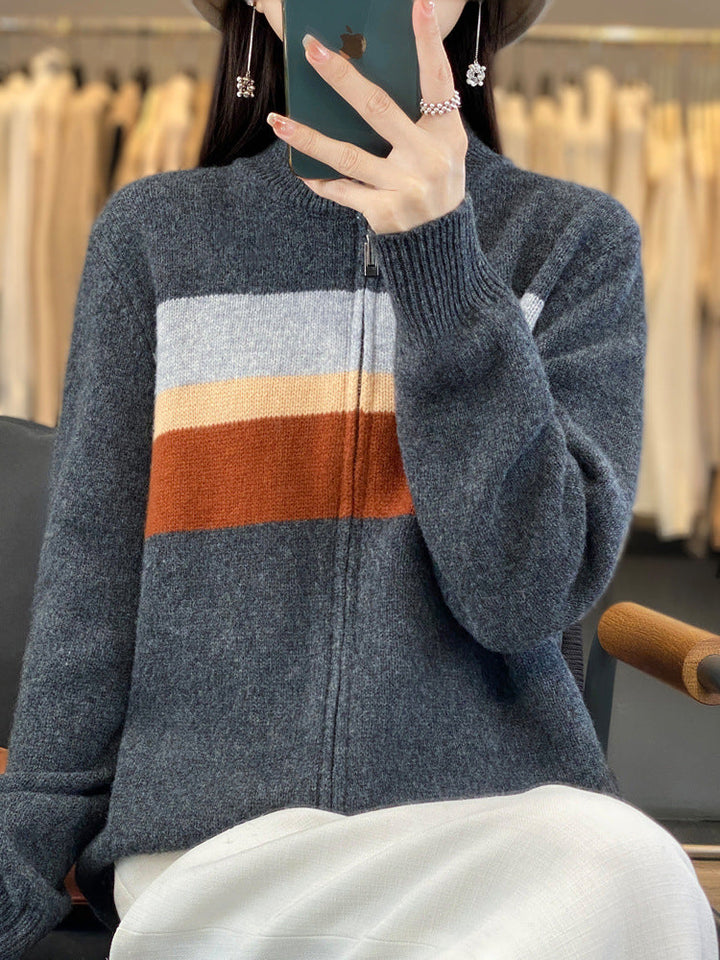 Damen Strickjacke mit Reissverschluss und Streifen