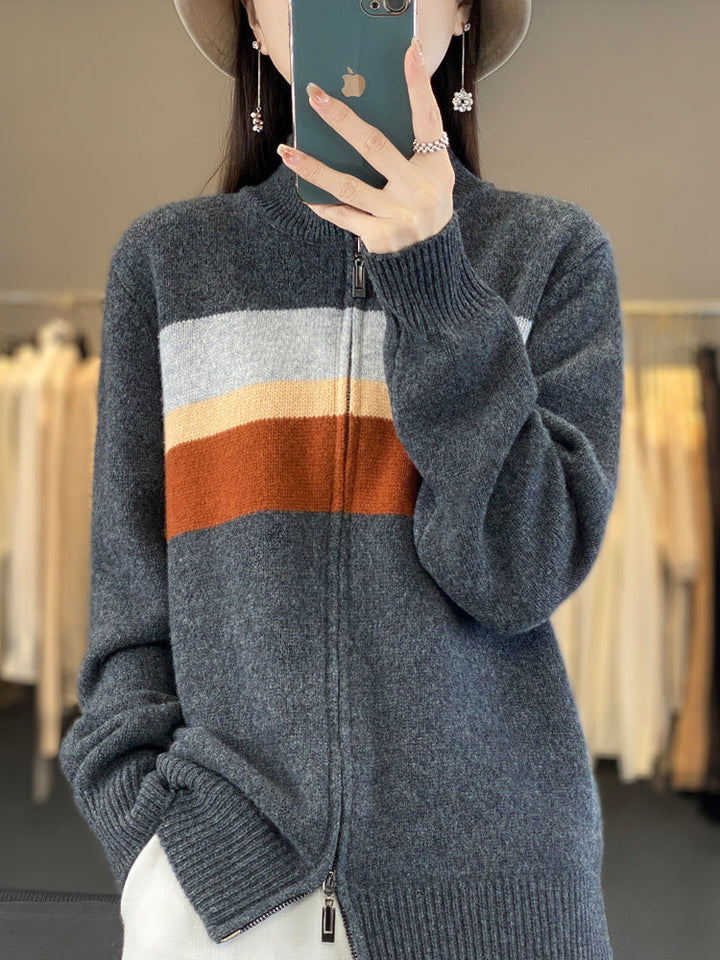 Damen Strickjacke mit Reissverschluss und Streifen
