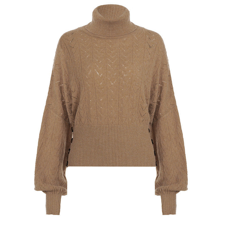 Damen Rollkragenpullover Cropped mit langen Ärmeln und Knöpfen