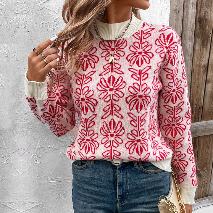 Damen Rundhalspullover mit Blumenmuster und gerippten Bündchen