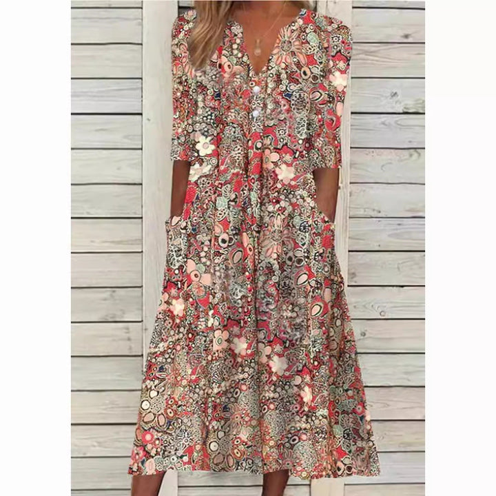 Eliza | Florales Sommerkleid mit V-Ausschnitt und langen Ärmeln