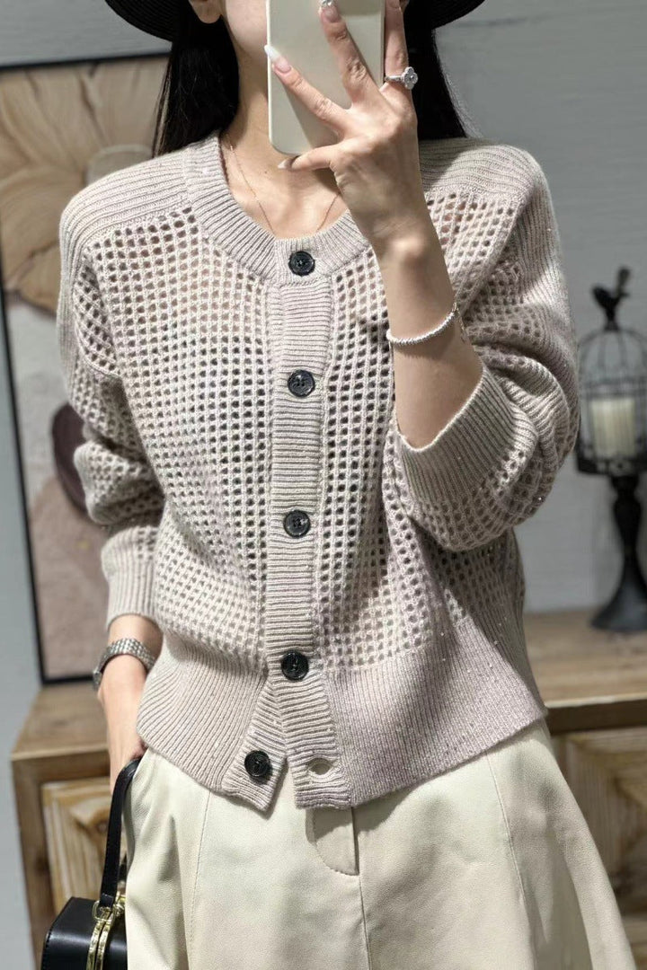 Damen Mesh-Cardigan mit Knopfleiste, Rundhalsausschnitt und langen Ärmeln