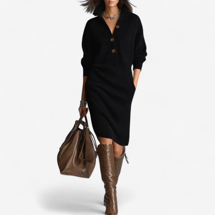 Suzy Lässiges Pulli-Midikleid für Damen mit V-Ausschnitt und langen Ärmeln