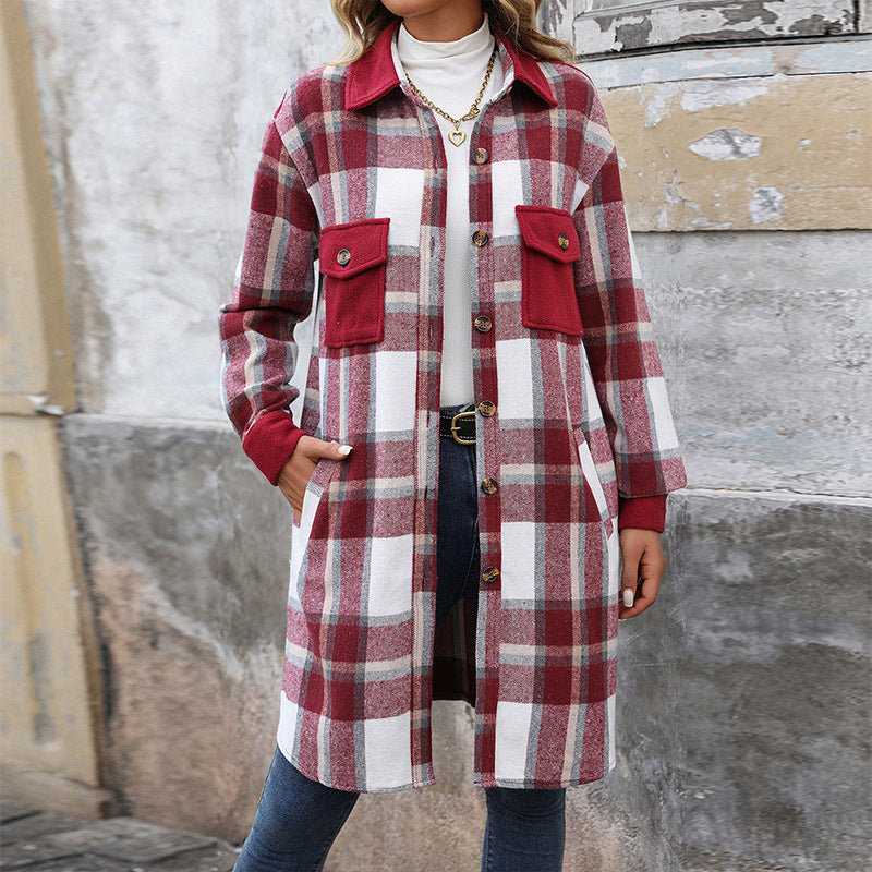 Damen Langarm-Hemdjacke mit Karomuster, Taschen und Knöpfen