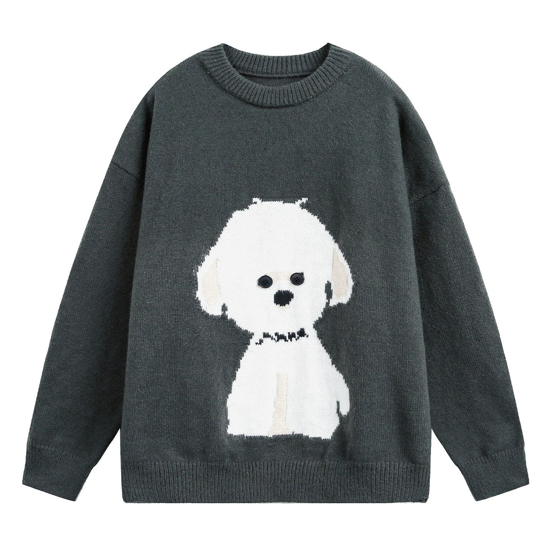 Damen Oversized Pullover mit Hundemotiv und Rundhals