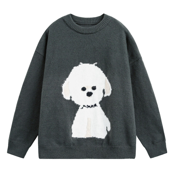 Damen Oversized Pullover mit Hundemotiv und Rundhals