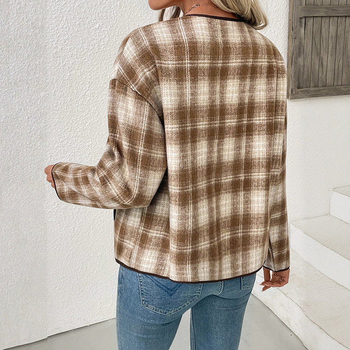 Damen Übergangsjacke mit Rundhalsausschnitt, Taschen und Karomuster