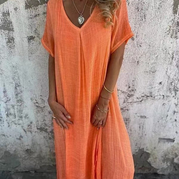 Amber | Elegantes V-Ausschnitt-Midikleid für Damen mit kurzen Ärmeln