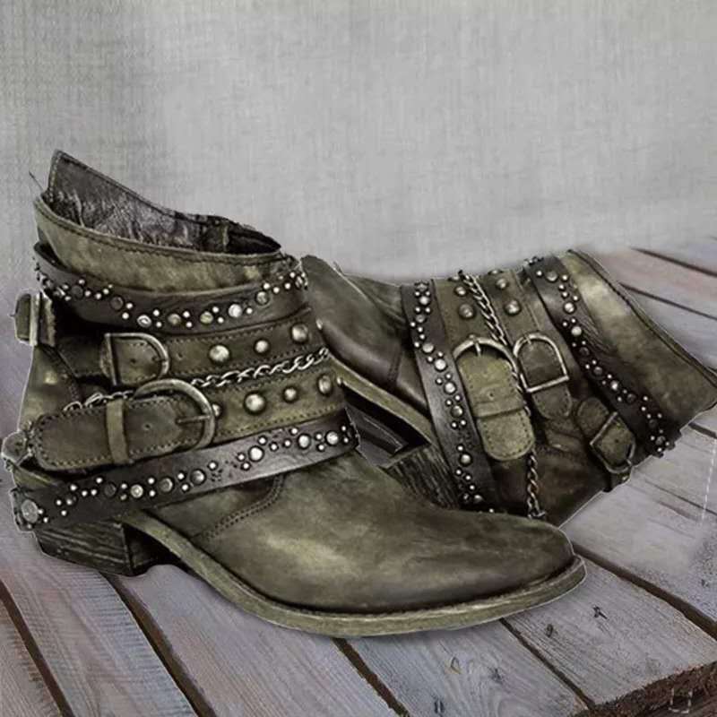 Damen Western Stiefel mit Schnallenriemen, Ketten und Blockabsatz