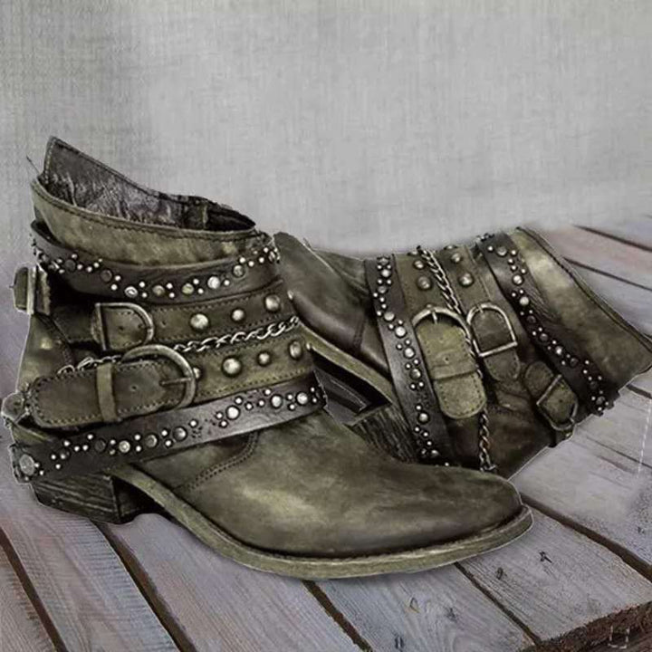 Damen Western Stiefel mit Schnallenriemen, Ketten und Blockabsatz