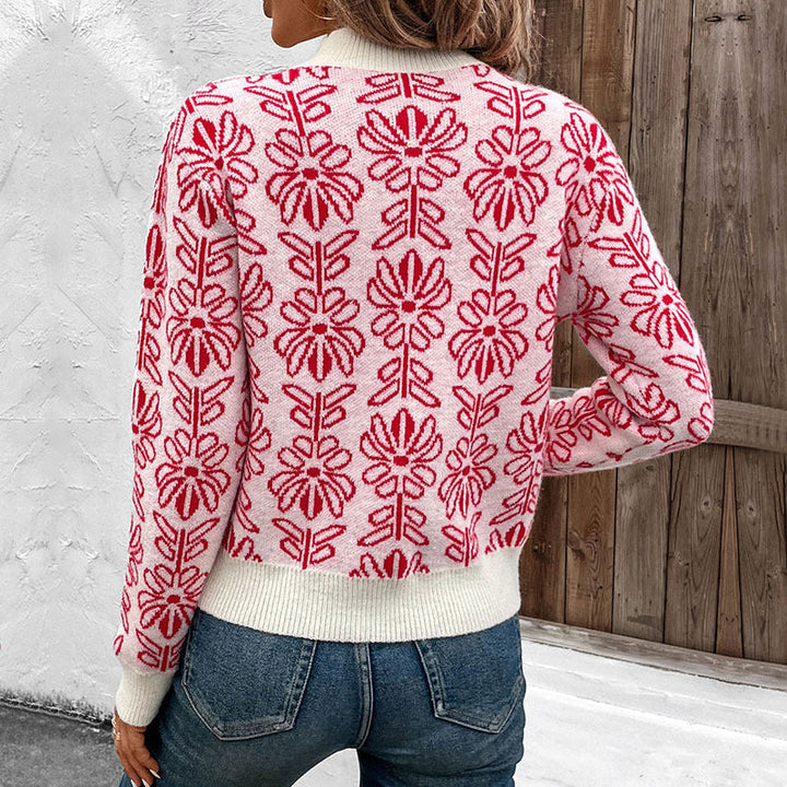 Damen Rundhalspullover mit Blumenmuster und gerippten Bündchen