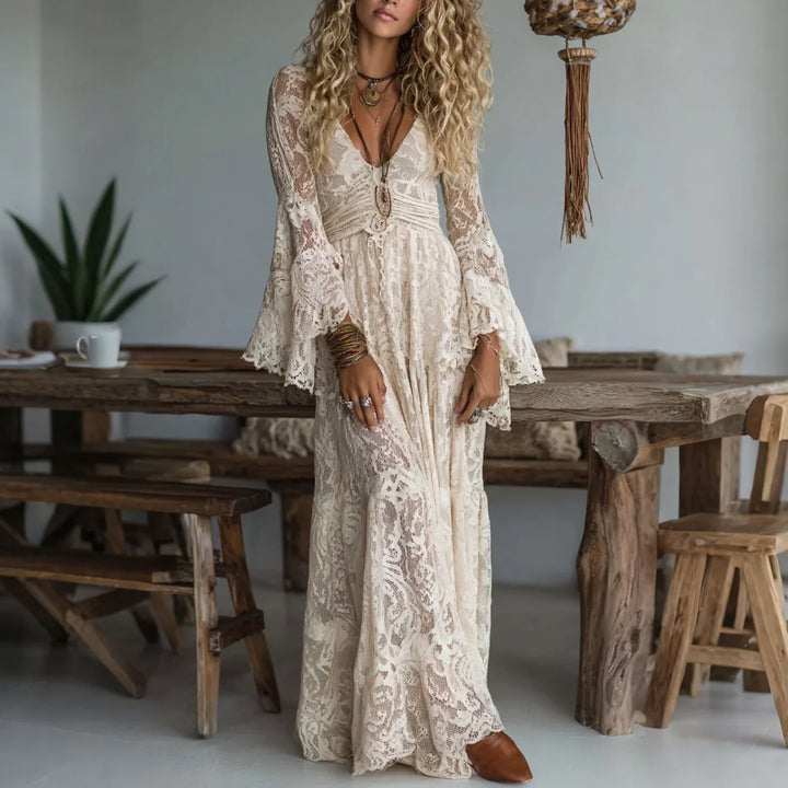 Ines | Damen Maxikleid mit langen Ärmeln und Spitze im V-Ausschnitt