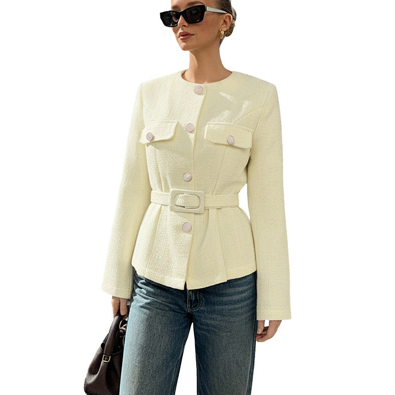Hannah | Damen Blazer mit Rundhalsausschnitt, langen Ärmeln, Gürtel und Taschen