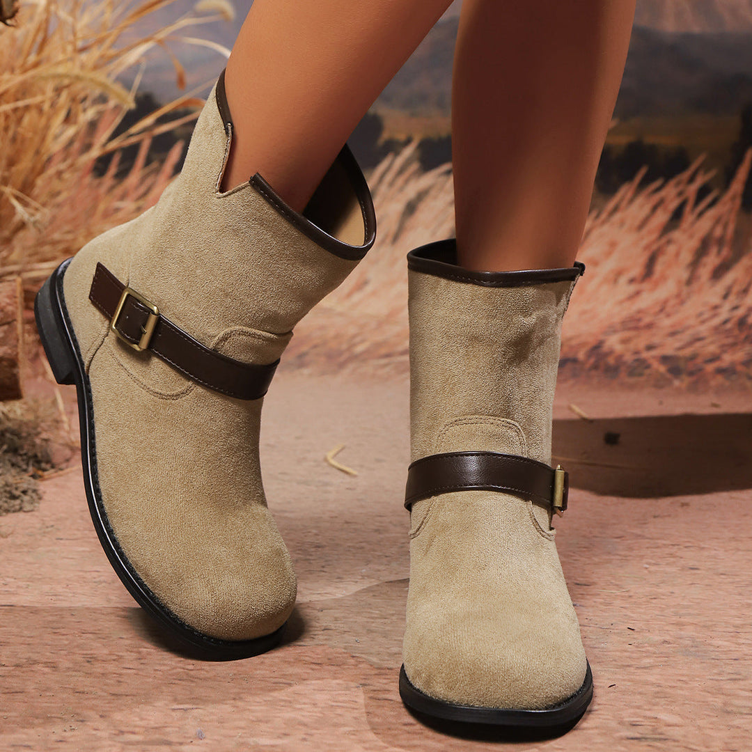 Damen Ankle Boots mit Riemen, Schnalle und V-Ausschnitt