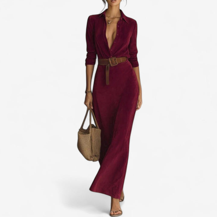 Emmanuella Maxi Minimalistisch Kleid für Damen mit V-Ausschnitt und langen Ärmeln