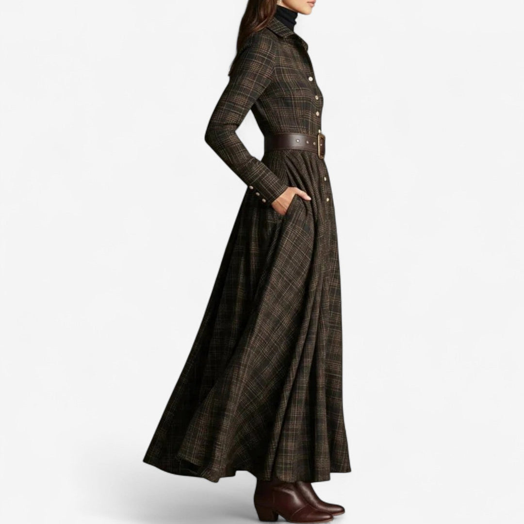 Sarah Maxi d'Inspiration Vintage Kleid für Damen mit V-Ausschnitt und langen Ärmeln