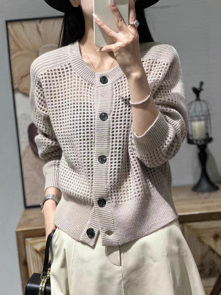Damen Mesh-Cardigan mit Knopfleiste, Rundhalsausschnitt und langen Ärmeln