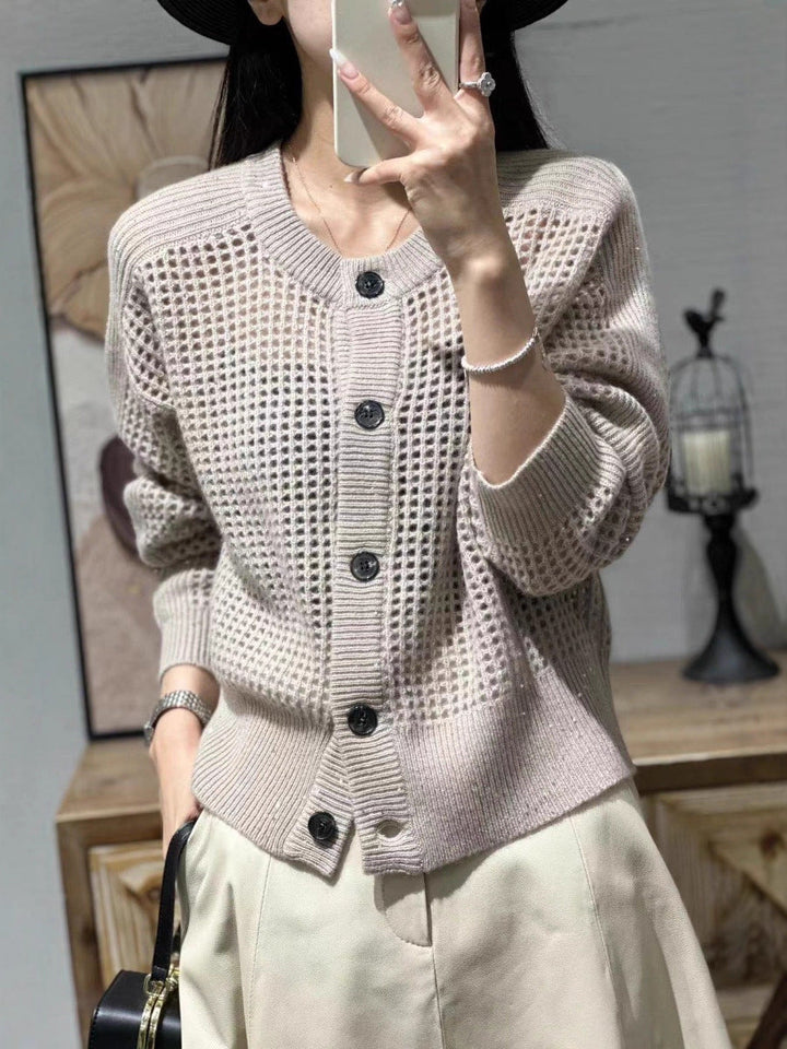Damen Mesh-Cardigan mit Knopfleiste, Rundhalsausschnitt und langen Ärmeln