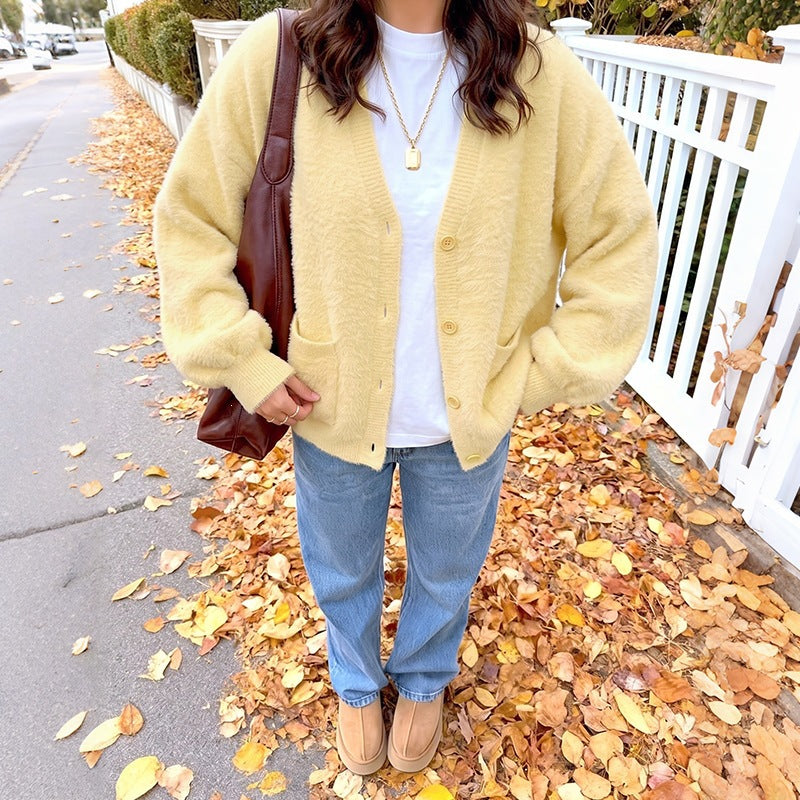Damen Cardigan mit Taschen, Knöpfen und V-Ausschnitt