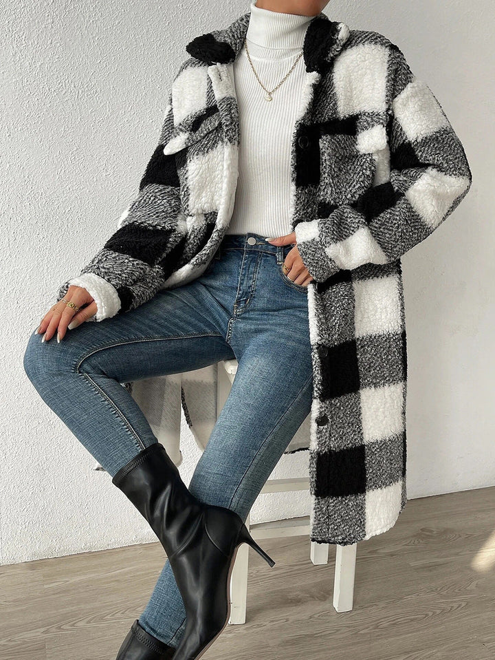 Damen Karo-Langmantel mit Taschen
