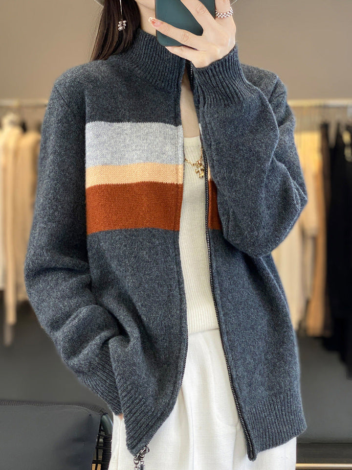 Damen Strickjacke mit Reissverschluss und Streifen