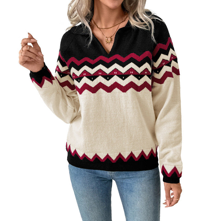 Damen Pullover mit langen Ärmeln, V-Ausschnitt und Zickzackmuster