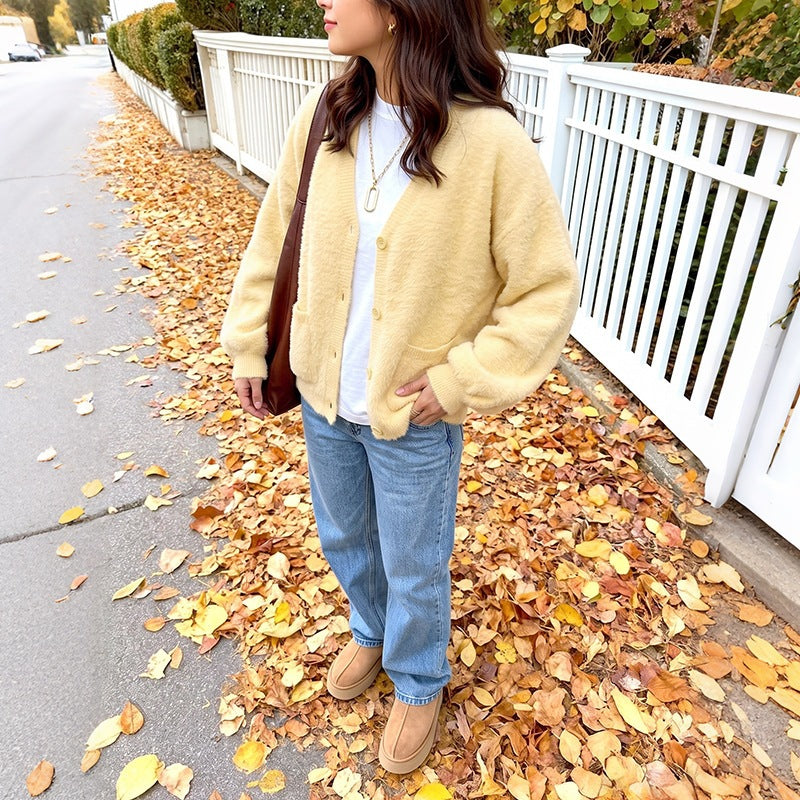 Damen Cardigan mit Taschen, Knöpfen und V-Ausschnitt