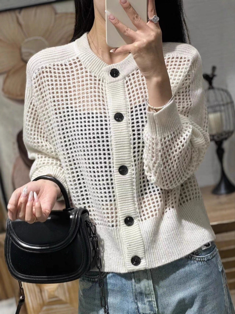 Damen Mesh-Cardigan mit Knopfleiste, Rundhalsausschnitt und langen Ärmeln