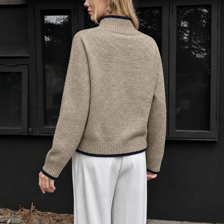Damen Pullover mit kontrastierenden Bündchen, Stehkragen und lockerer Passform