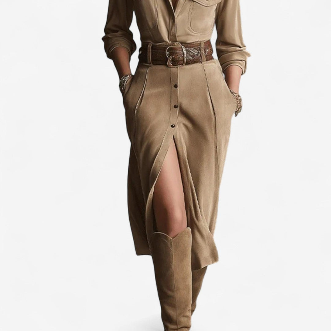 Cathy Hemdblusenkleid für Damen mit Gürtel, V-Ausschnitt und langen Ärmeln