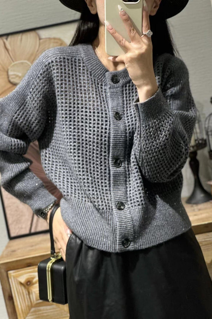 Damen Mesh-Cardigan mit Knopfleiste, Rundhalsausschnitt und langen Ärmeln