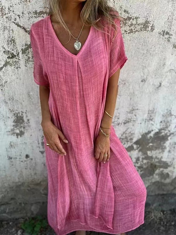 Amber | Elegantes V-Ausschnitt-Midikleid für Damen mit kurzen Ärmeln