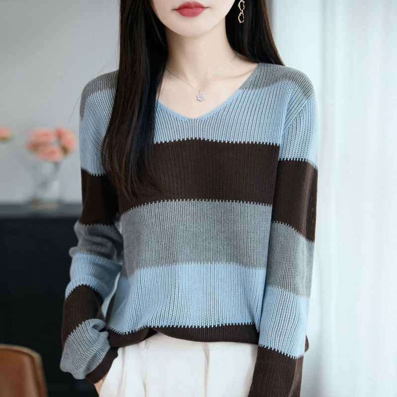 Damen Pullover mit Streifen und V-Ausschnitt